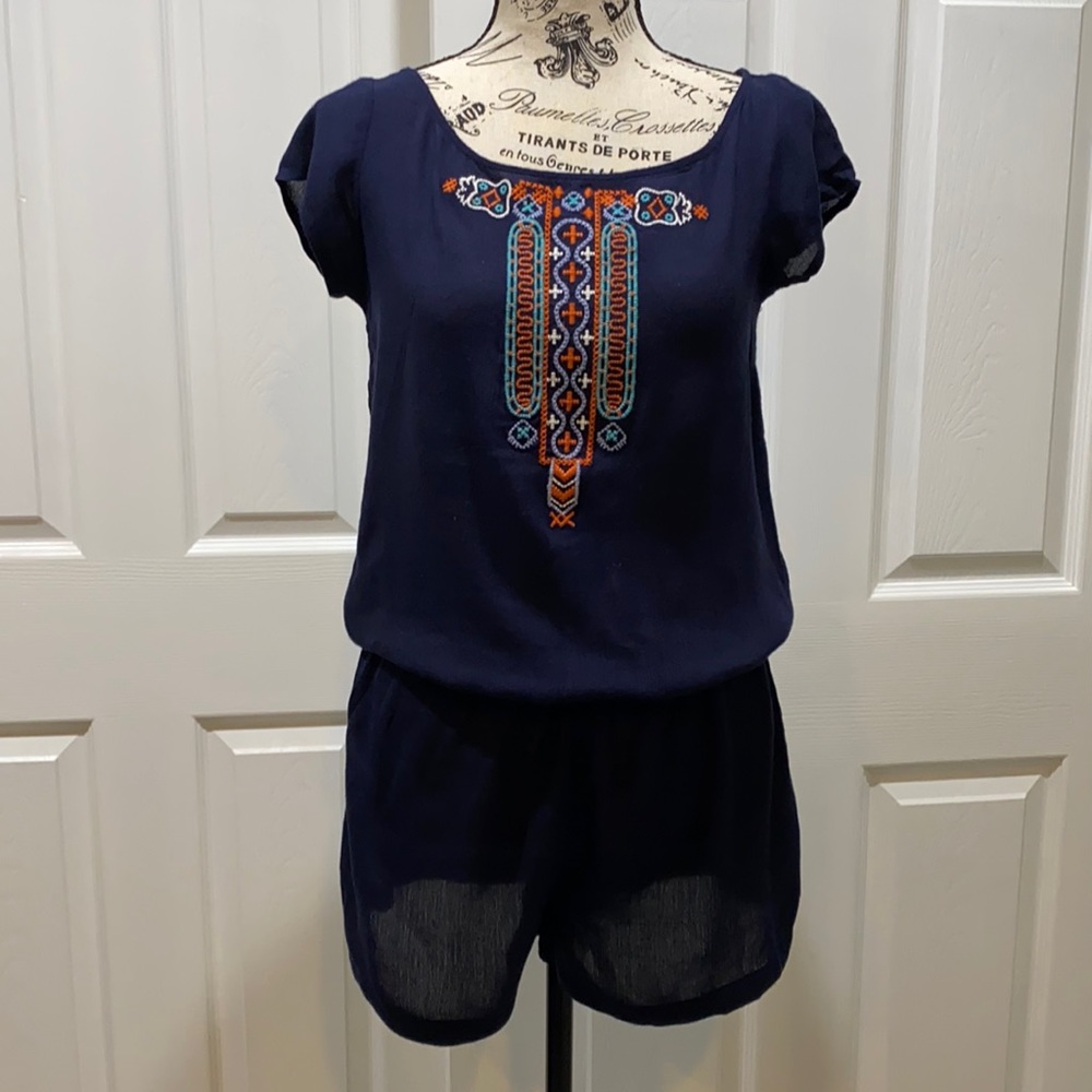 2/$15 Ginger Navy Blue Embroidered Romper Sz XS